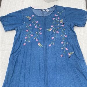 Blue Denim Dress with Floral Embroidery
